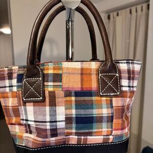 L.L. Bean Madras Mini Tote w/ Rich Leather Handles & Zipper Closure